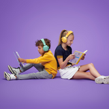 Two kids sitting back to back reading book wearing Yellow and a blue alpine ear muffs while readung