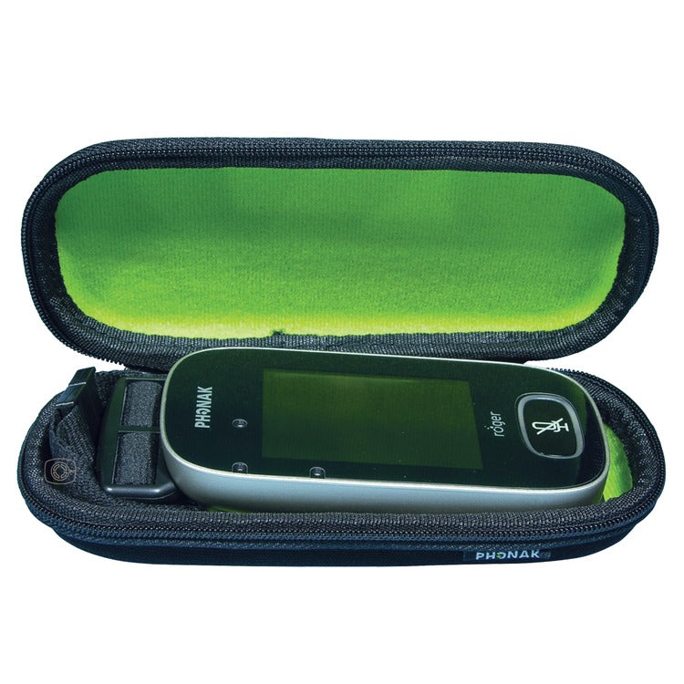 Open case with a Roger Touchscreen Mic inside, featuring green interior and black exterior, on a white background.