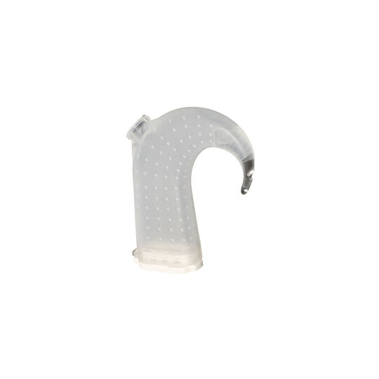 Transparent silicone Aqua+ Sleeve for Nucleus 5 or 6 CP810/CP900 cochlear sound processor, shown in a curved, ear-hook shape designed for waterproof protection.
