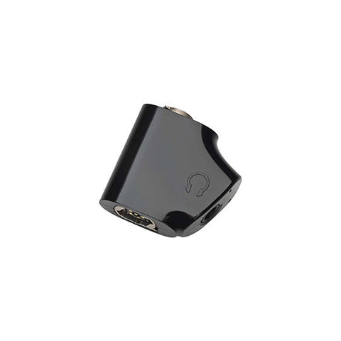 Black Cochlear Monitor Earphone Adaptor, a compact device designed for use with Nucleus® 7 and Nucleus® 8 cochlear implant sound processors, shown at an angle displaying its connector port and earphone input.