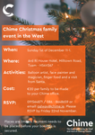 Poster for Chime Christmas family event in the West. Includes event details: Sunday 1st of December from 11 am to 1 pm at Ard Rí House Hotel, Tuam. Activities include a balloon artist, face painter, magician, finger food, and a visit from Santa. Cost is €20 per family. RSVP by Friday 22nd November.