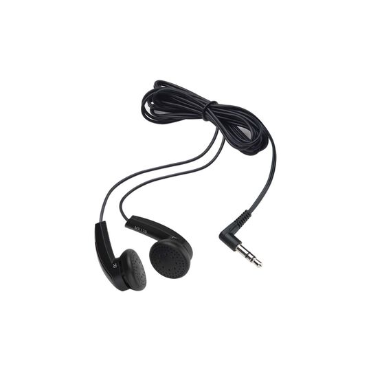 Black earbud headphones with a coiled cable on a white background