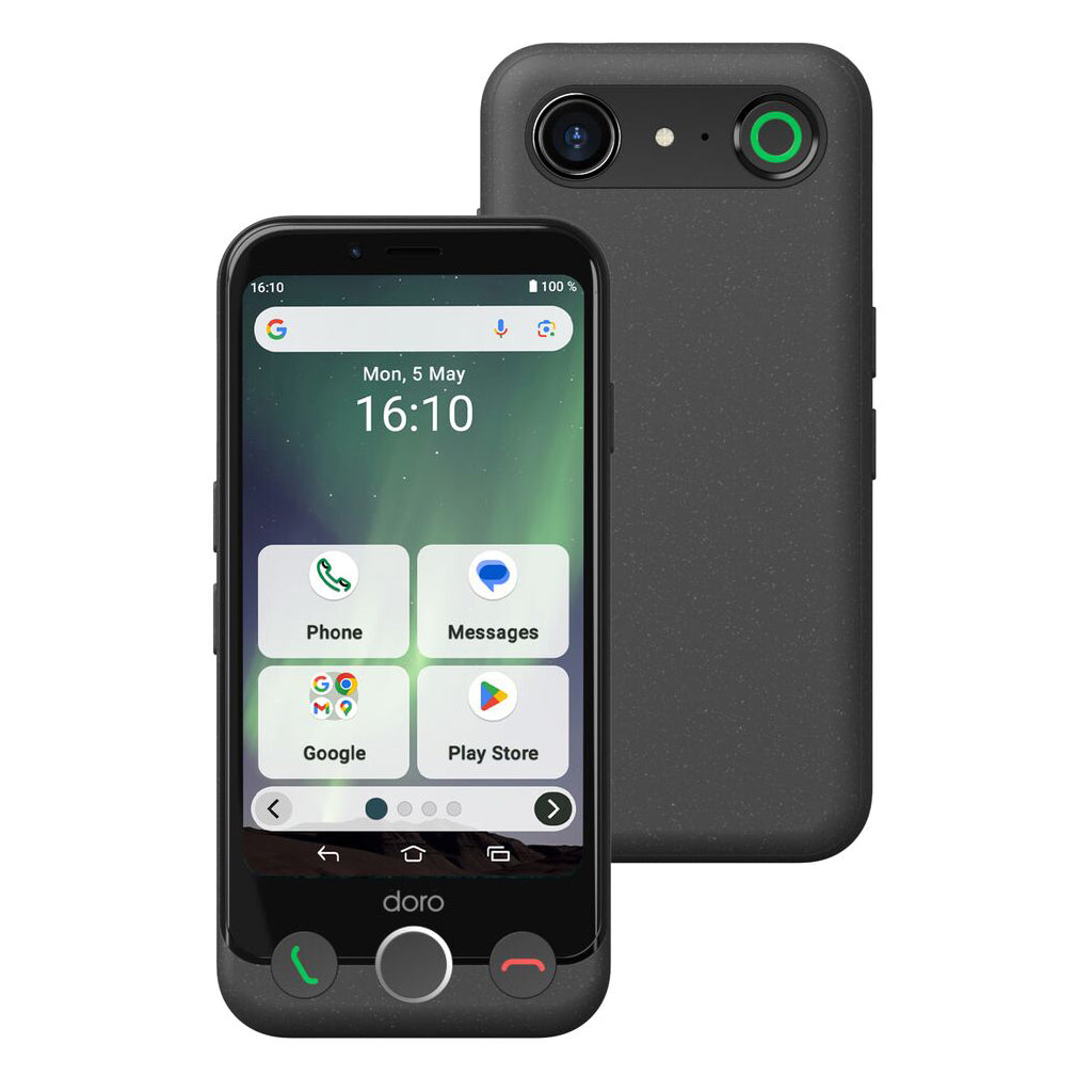 Doro Aurora A10 Smart Phone Front and Back View Accessible smartphone front and back view showing large buttons, camera, SOS safety features, and simple interface