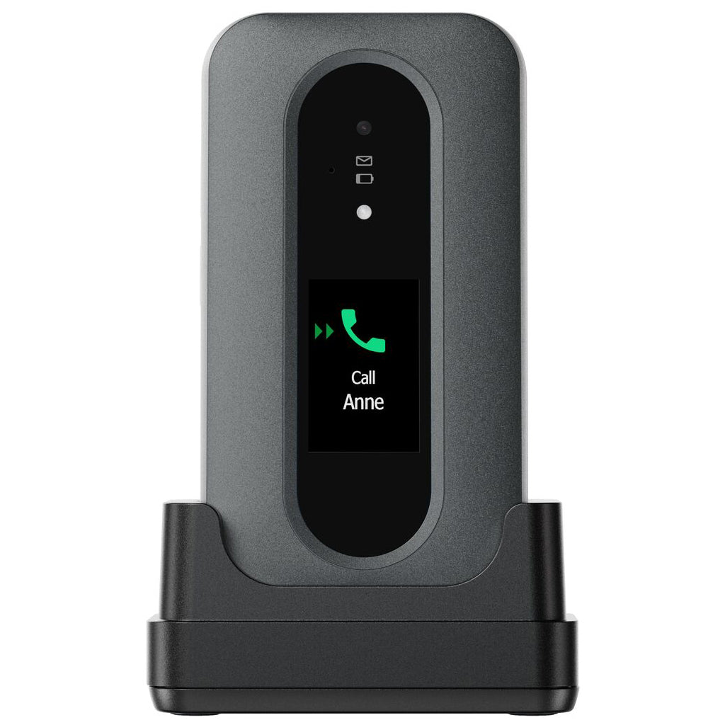 Front closed image of Doro Leva L30 Mobile phone sitting in charging cradle