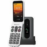 Flip phone with screen displaying time and weather, next to a charging dock on a white background