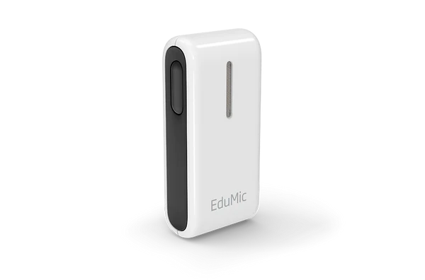 Oticon EduMic device, a small, rectangular wireless microphone in white with a black side panel and a single vertical indicator line on the front. The device is designed to assist people with hearing difficulties, especially in educational settings, by transmitting clear audio to hearing aids.