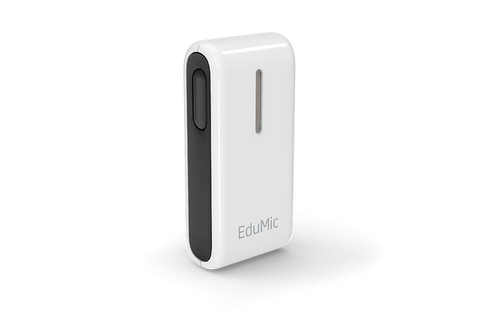 Oticon EduMic device, a small, rectangular wireless microphone in white with a black side panel and a single vertical indicator line on the front. The device is designed to assist people with hearing difficulties, especially in educational settings, by transmitting clear audio to hearing aids.