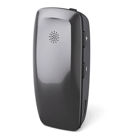 Front view of the ReSound Multi Mic+ Auracast-enabled wireless microphone, showing built-in speaker grill and side control buttons for volume and connectivity
