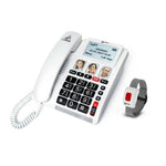 Accessible 4G home phone with large buttons, clear display screen, photo speed dial keys, and SOS bracelet for simple and safe communication