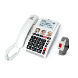 Accessible 4G home phone with large buttons, clear display screen, photo speed dial keys, and SOS bracelet for simple and safe communication
