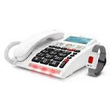 Big button home phone with large keypad, bright LED call alert lights, photo memory buttons, and SOS emergency bracelet for elderly users