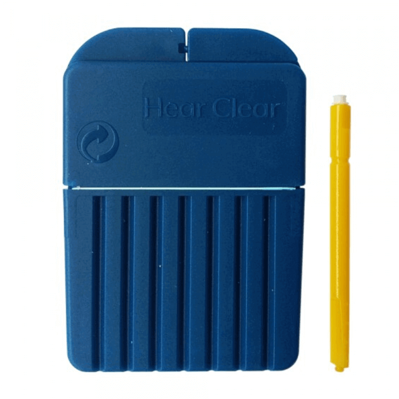 Hear Clear Wax Filters for Starkey hearing aids in blue case with yellow replacement tool, showing wax guard storage and cleaning accessory