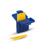 Close-up of Hear Clear wax filter case and yellow stick tool for Starkey hearing aid wax guard replacement and maintenance