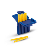 Close-up of Hear Clear wax filter case and yellow stick tool for Starkey hearing aid wax guard replacement and maintenance