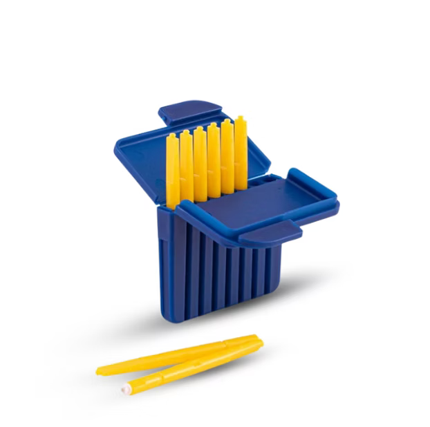 Close-up of Hear Clear wax filter case and yellow stick tool for Starkey hearing aid wax guard replacement and maintenance
