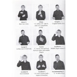 A black-and-white instructional chart showing nine irish sign language hand gestures arranged in a 3x3 grid, each with a caption such as 'Above b', 'Abuse', 'Accept a', 'Access', and 'Accident a'.