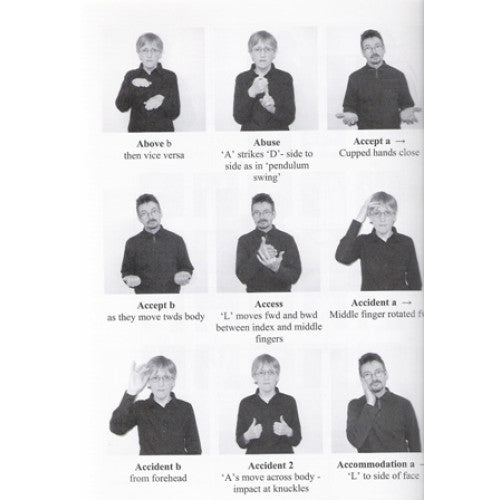A black-and-white instructional chart showing nine irish sign language hand gestures arranged in a 3x3 grid, each with a caption such as 'Above b', 'Abuse', 'Accept a', 'Access', and 'Accident a'.