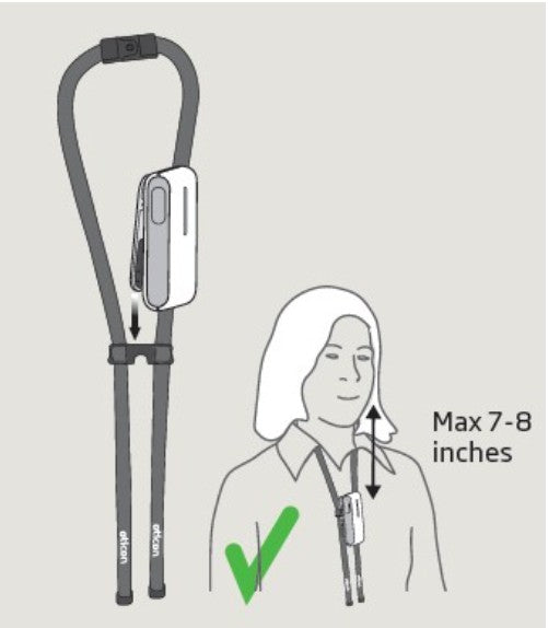 Diagram showing a lanyard with a device attached, labeled for correct position.