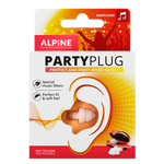 Packaging of Alpine PartyPlug earplugs. The front shows a graphic of an ear with a transparent earplug inserted, highlighting features such as “Special music filters” and “Perfect fit & soft feel.” The box also notes “Easy to clean” and “100x reusable.”