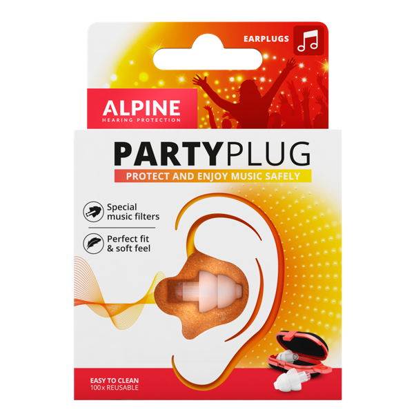 Packaging of Alpine PartyPlug earplugs. The front shows a graphic of an ear with a transparent earplug inserted, highlighting features such as “Special music filters” and “Perfect fit & soft feel.” The box also notes “Easy to clean” and “100x reusable.”