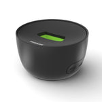 Black electronic device with a green display on a white background