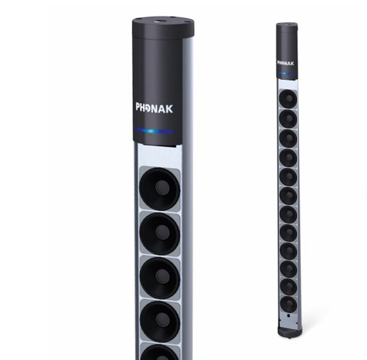 Phonak Roger DigiMaster loudspeaker with visible vertical speaker array of 12 individual speakers, designed for clear speech transmission in inclusive classroom environments.