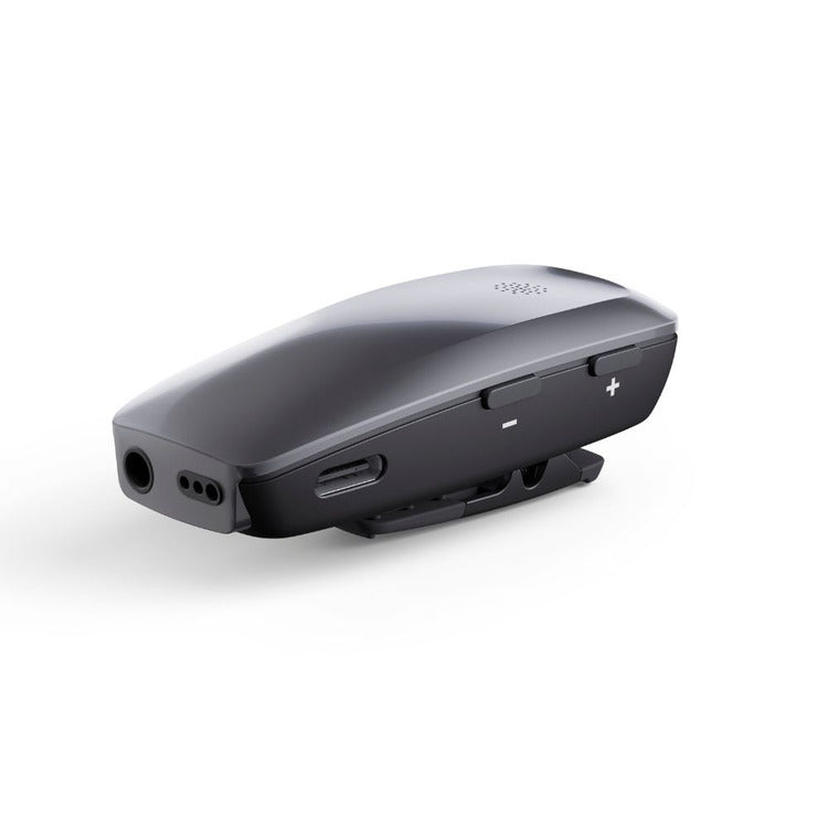 Side view of the ReSound Multi Mic+ Auracast-enabled wireless microphone, showing volume controls, USB-C port, and clip design for easy attachment