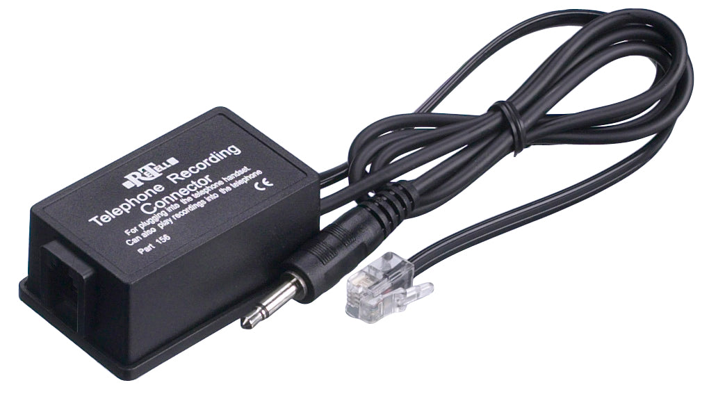 eTell 156 Telephone Connector with attached RJ11 plug and 3.5mm audio jack, designed to connect corded telephones to hearing aid streamers and Roger microphones.