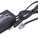 eTell 156 Telephone Connector with attached RJ11 plug and 3.5mm audio jack, designed to connect corded telephones to hearing aid streamers and Roger microphones.