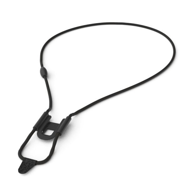 Black lanyard with a clip on a white background