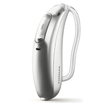 Roger Focus II-312 in Silver Grey, slim behind-the-ear wireless receiver for children, shown with SlimTube.