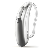 Roger Focus II-312 in Silver Grey, slim behind-the-ear wireless receiver for children, shown with SlimTube.