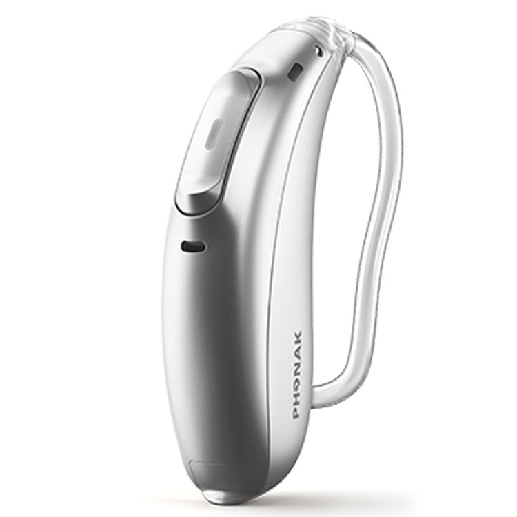 Roger Focus II-312 in Silver Grey, slim behind-the-ear wireless receiver for children, shown with SlimTube.