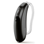 Roger Focus II-312 in Velvet Black, discreet behind-the-ear listening device for kids, with transparent tube.