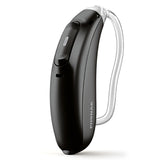 Roger Focus II-312 in Velvet Black, discreet behind-the-ear listening device for kids, with transparent tube.