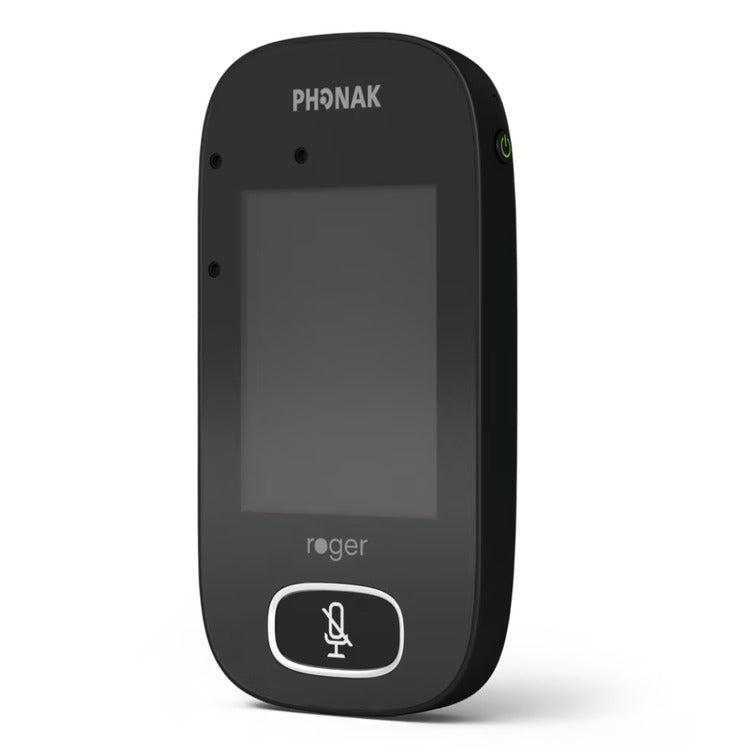 Phonak Roger SF Touchscreen Mic in black, a classroom microphone designed for DigiMaster SoundField systems and Roger Focus II, featuring a touchscreen display and lanyard use for clear voice transmission.