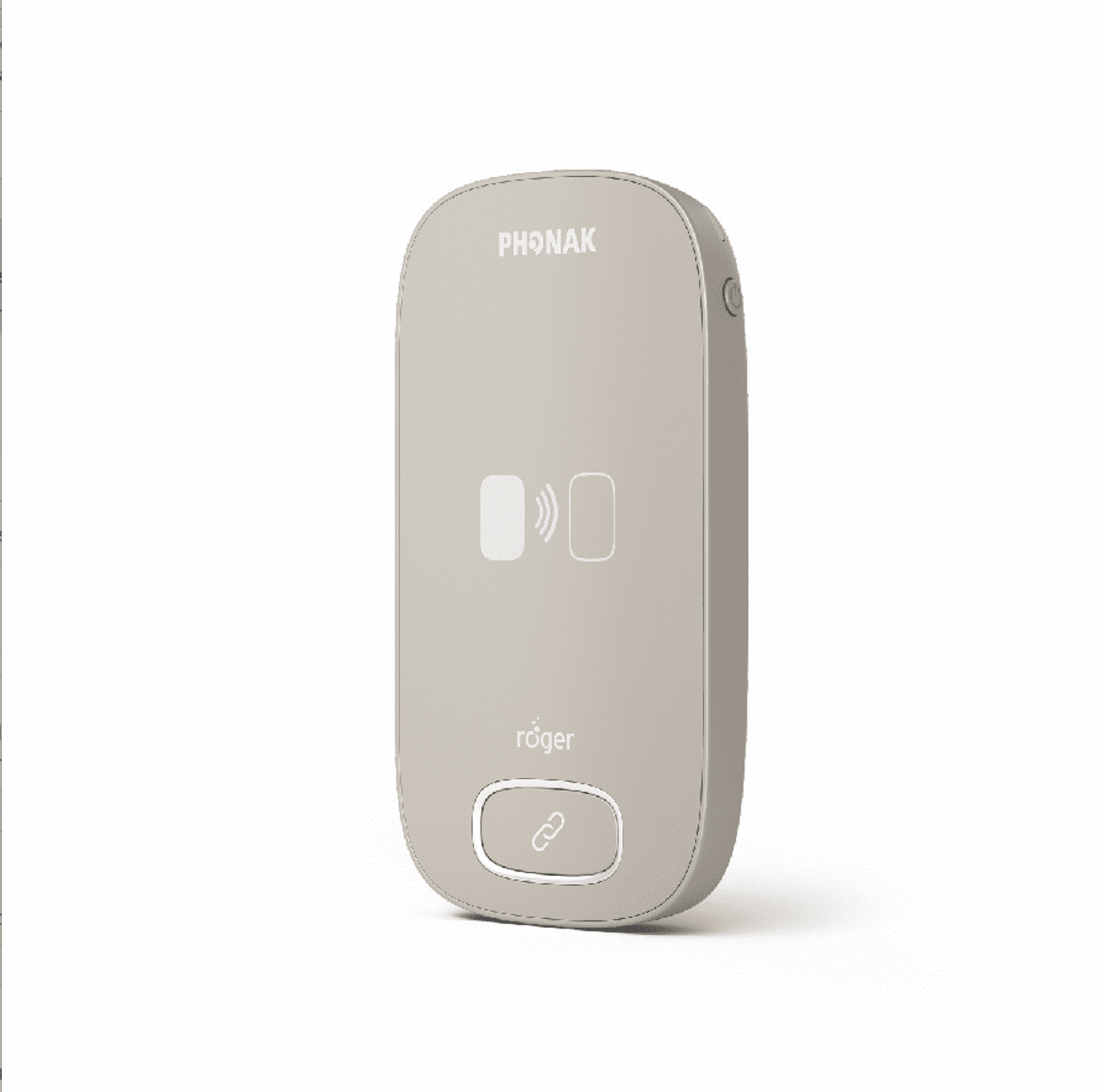 Gray electronic device with 'Phonak' branding on a white background standing up