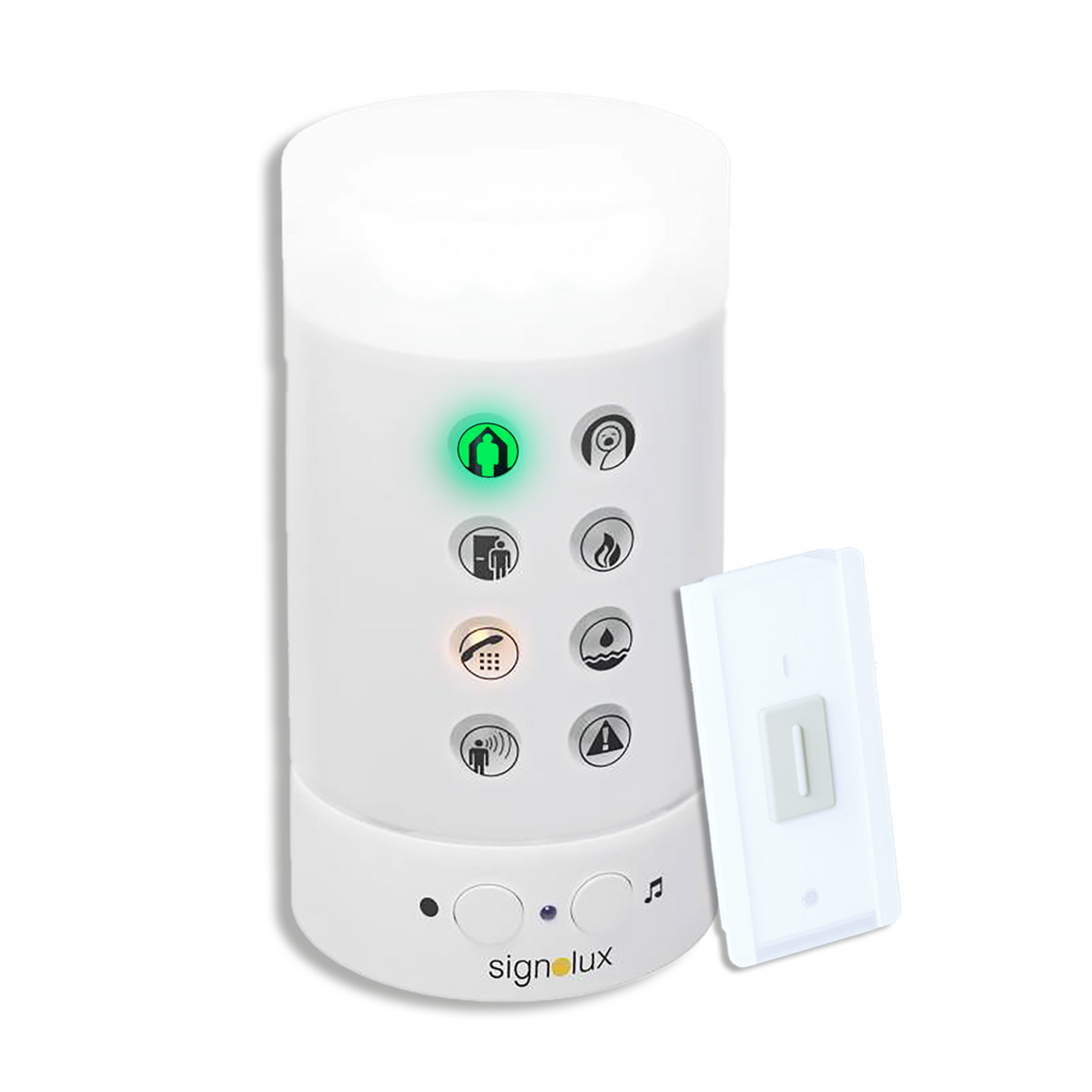 Signolux Tower Doorbell System showing a white cylindrical receiver with illuminated LED icons for various alerts, including doorbell, phone, fire, and baby monitor. A wireless bell push button is placed beside the receiver.