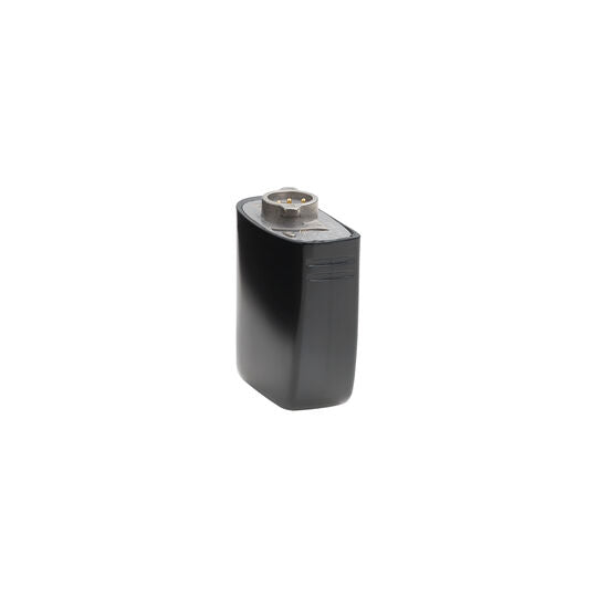 A compact rechargeable battery module for a cochlear implant, in a black color.