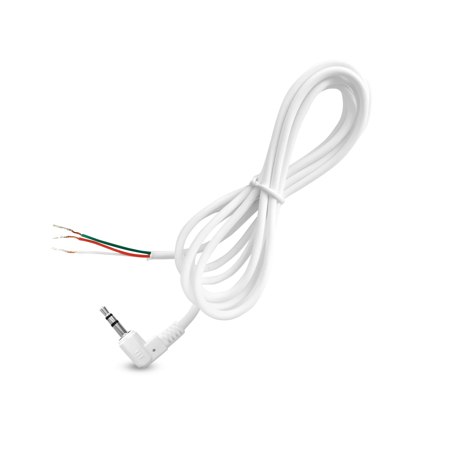 A white audio adapter cable with a right-angle 3.5mm jack plug on one end and exposed red, green, and white wire leads on the other, shown on a plain white background.