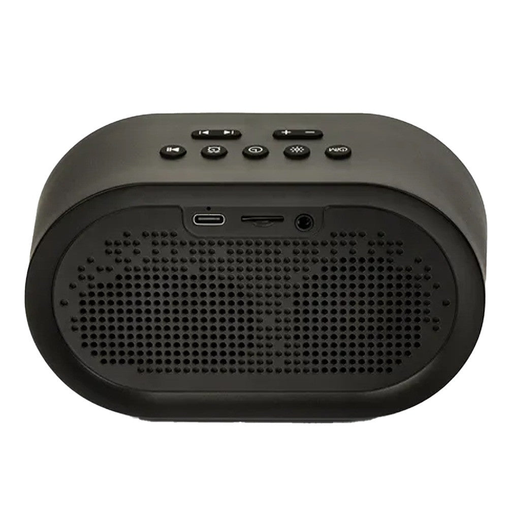 Black portable speaker with control buttons on a white background