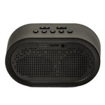 Black portable speaker with control buttons on a white background