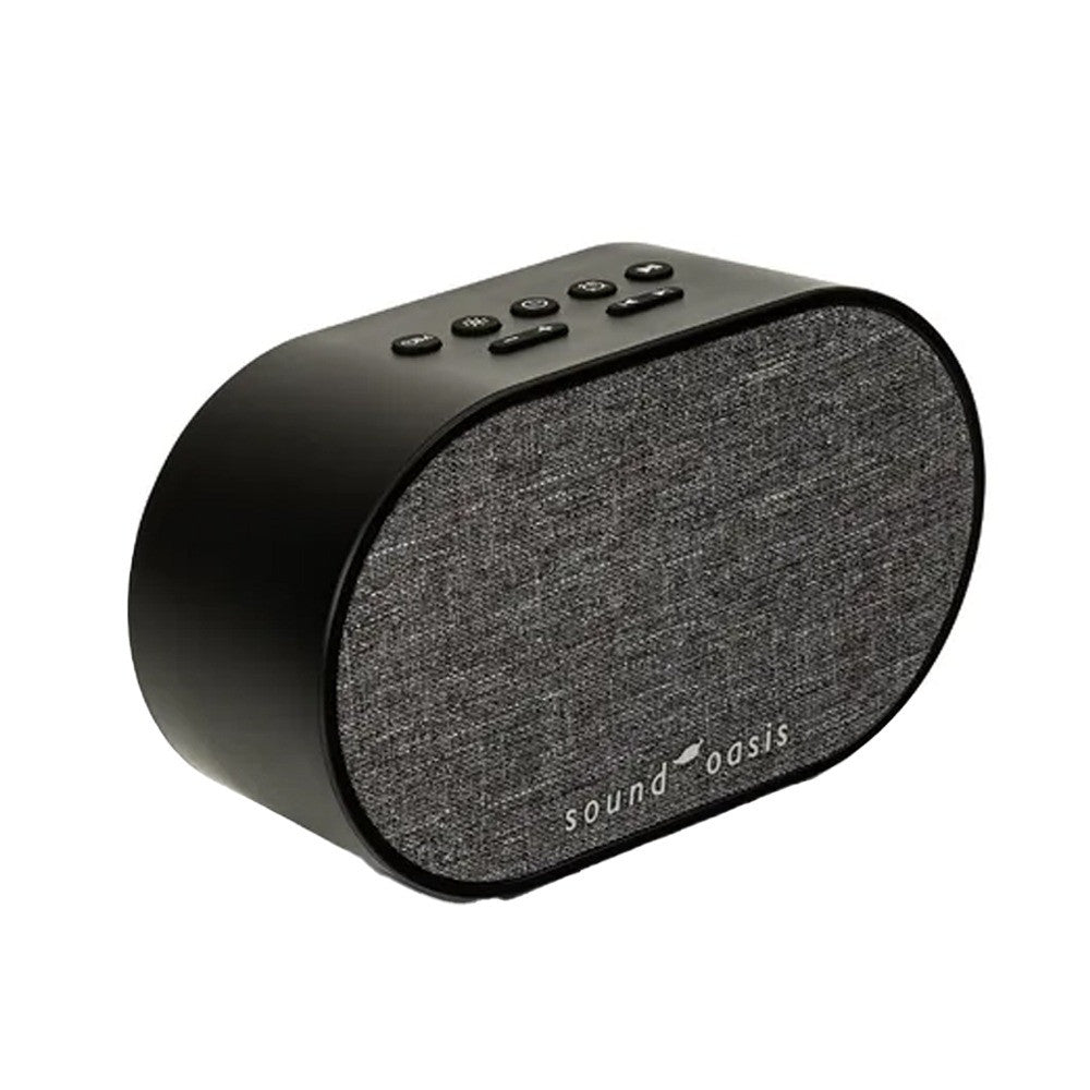 Black and gray textured portable speaker with 'sound oasis' branding on a white background