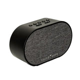 Black and gray textured portable speaker with 'sound oasis' branding on a white background