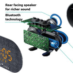 Technical diagram of a clock/alarm with features labeled