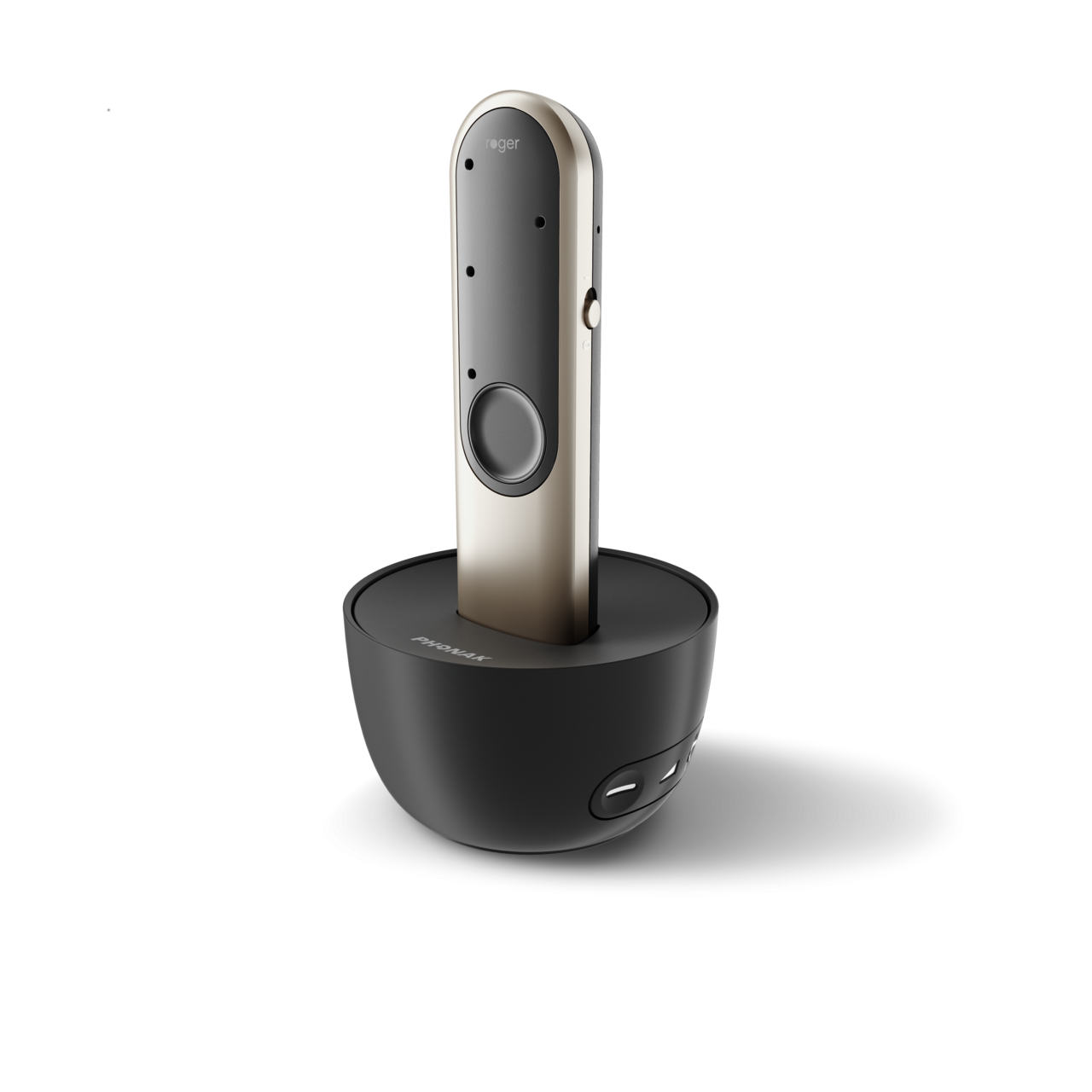 Black and silver electronic device on a white background