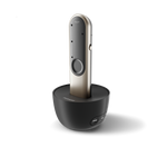 Black and silver electronic device on a white background