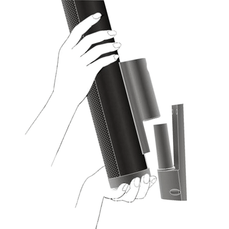 Illustration showing how to mount the Phonak Roger DigiMaster speaker onto a wall bracket, with hands placing the speaker into the mounting slot for safe and easy installation.