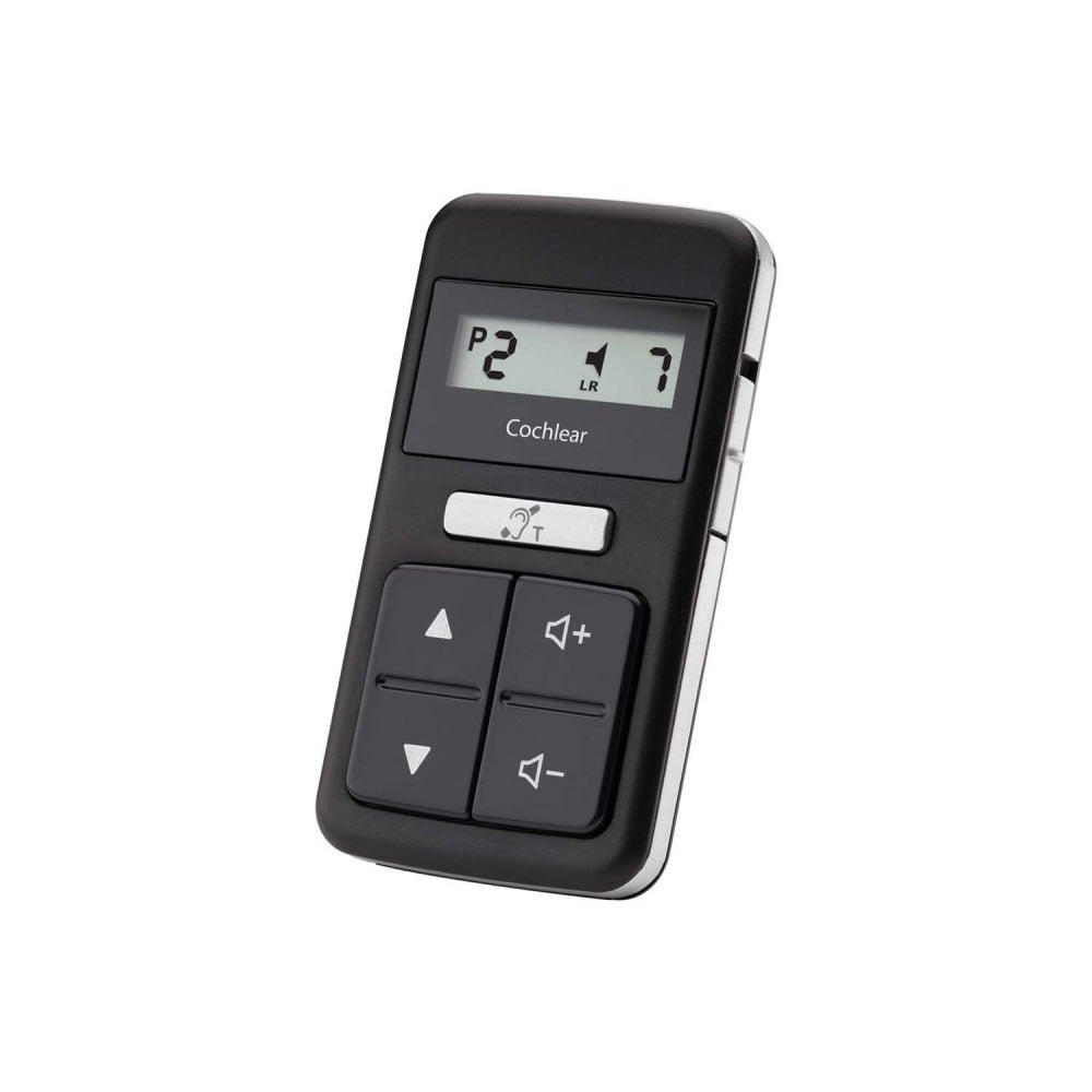 Cochlear CR310 Remote Control side view four button black remotes with digital display