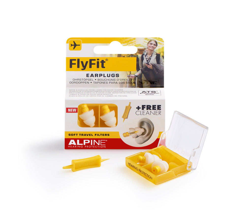 FlyFit Ear Plug Yellow container box and earplugs